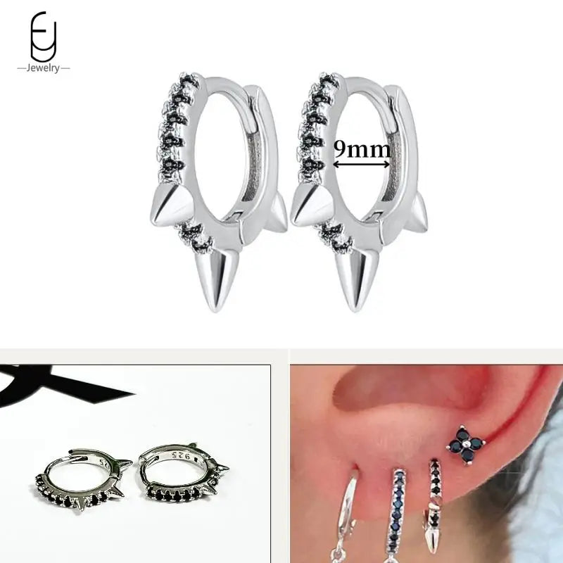 925 Sterling Silver Ear Buckles Fashion Hoop Earrings Black Crystal Pendant Silver Earrings High Quality Women's Jewelry Gifts