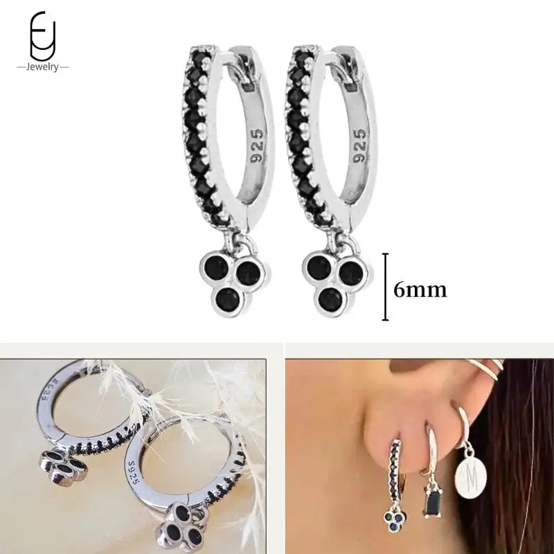925 Sterling Silver Ear Buckles Fashion Hoop Earrings Black Crystal Pendant Silver Earrings High Quality Women's Jewelry Gifts