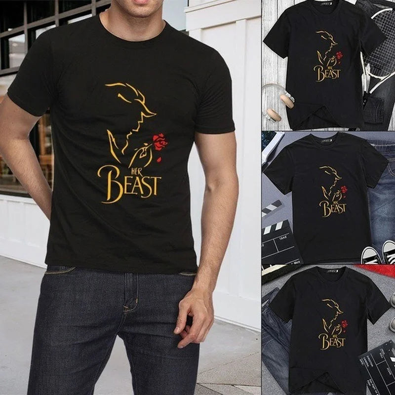 King Queen Couples T Shirt Beast Beauty Print Couple Tshirt Summer Fashion Woman T-shirt Casual O-Neck Tops Lovers Tee Shirt