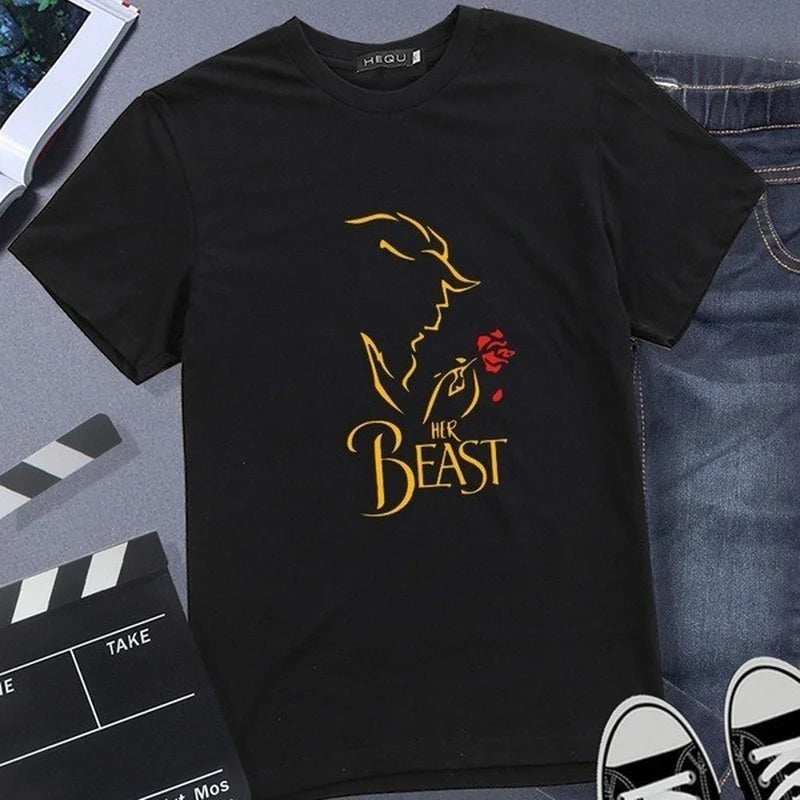 King Queen Couples T Shirt Beast Beauty Print Couple Tshirt Summer Fashion Woman T-shirt Casual O-Neck Tops Lovers Tee Shirt