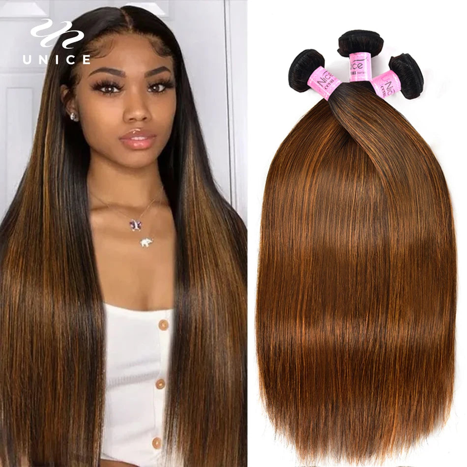 Unice Brown Balayage Straight Human Hair Bundles 3PCS Deal 100% Human Hair Extensions Pre Colored Human Hair Sew In Weaves