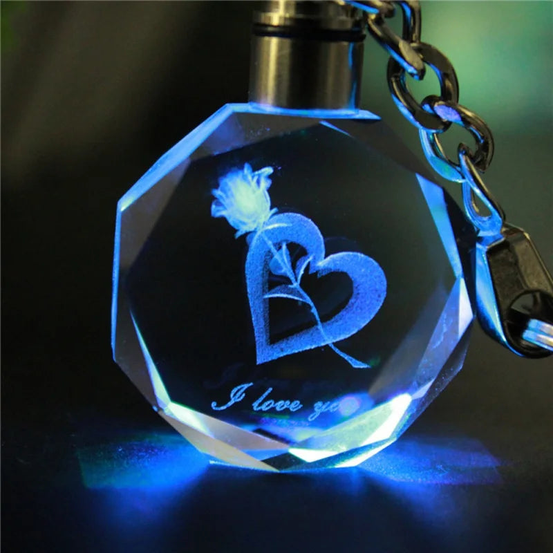 Artificial Crystal Rose Heart Keyring KeyChain LED Couple Lovers Girlfriend Boyfriend Key Ring Keychain Valentines Day Gifts