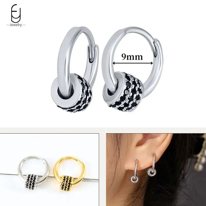 925 Sterling Silver Ear Buckles Fashion Hoop Earrings Black Crystal Pendant Silver Earrings High Quality Women's Jewelry Gifts