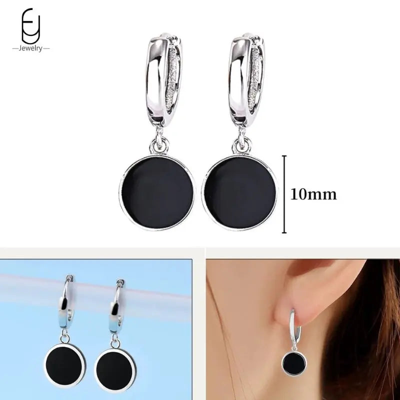 925 Sterling Silver Ear Buckles Fashion Hoop Earrings Black Crystal Pendant Silver Earrings High Quality Women's Jewelry Gifts