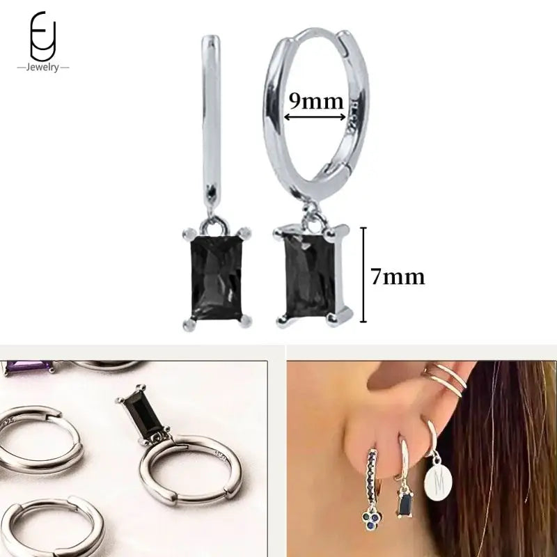 925 Sterling Silver Ear Buckles Fashion Hoop Earrings Black Crystal Pendant Silver Earrings High Quality Women's Jewelry Gifts