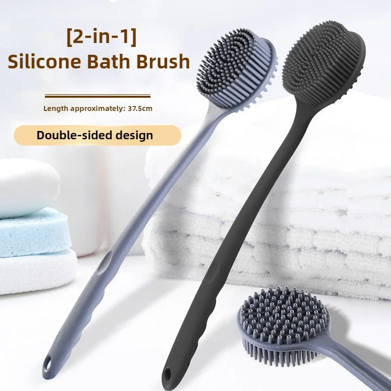 Silicone Bath Brush Double-Sided Shower Scrubbing Brush with Long Handle Exfoliating Body Scrub Back Massager Bathroom Soft Tool