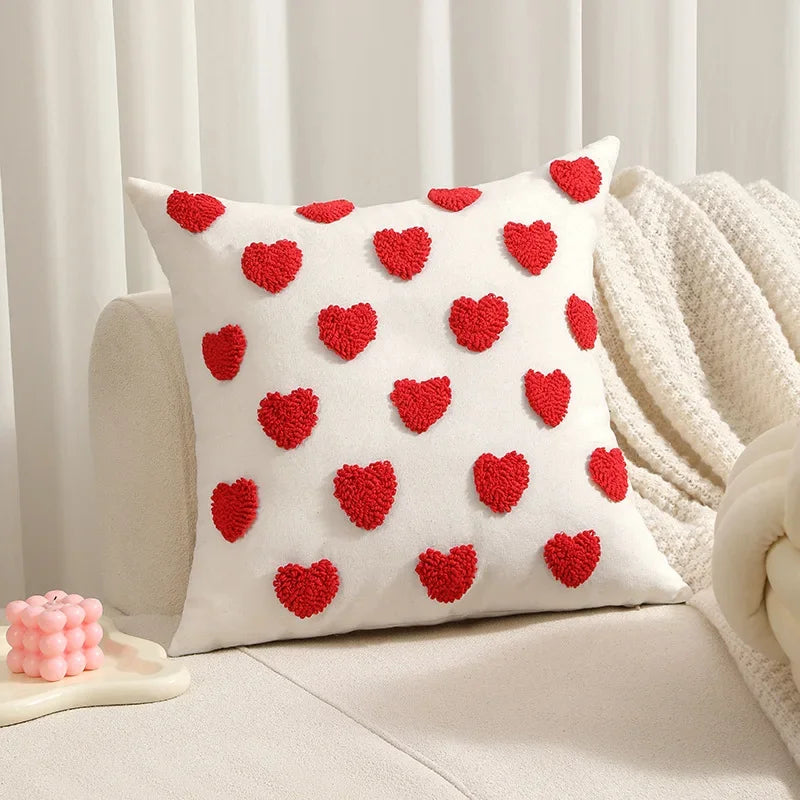 Woolen Embroidery Love Heart Cute Pillows Case Lovers Valentine Red Pink Luxury Plush Tufted Cotton Cushion Covers Couch Pillow