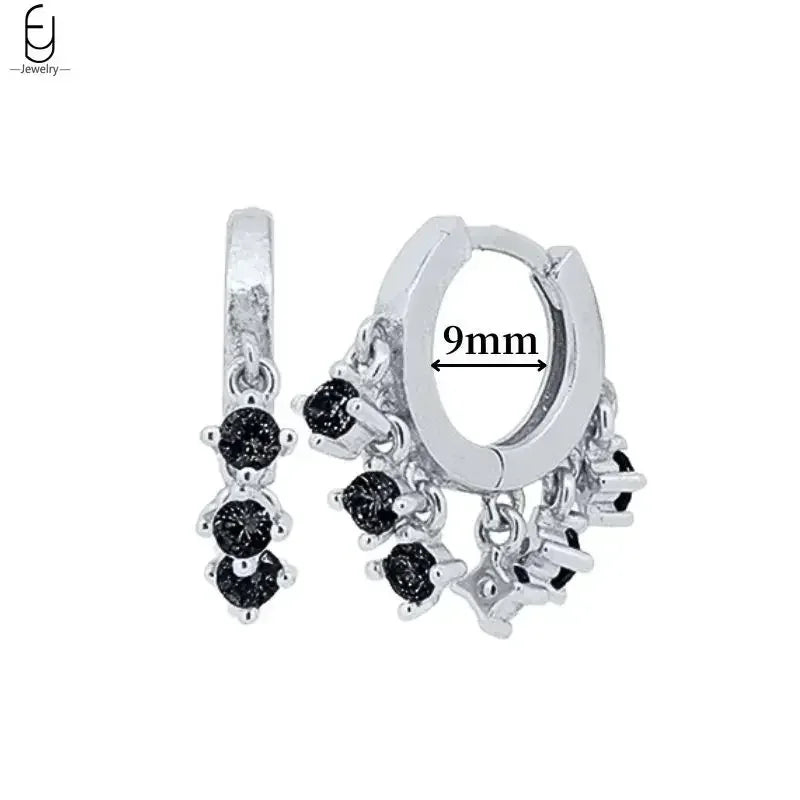 925 Sterling Silver Ear Buckles Fashion Hoop Earrings Black Crystal Pendant Silver Earrings High Quality Women's Jewelry Gifts