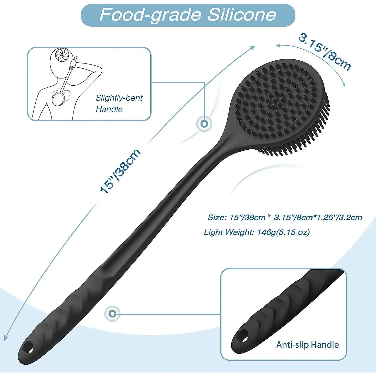 Silicone Bath Brush Double-Sided Shower Scrubbing Brush with Long Handle Exfoliating Body Scrub Back Massager Bathroom Soft Tool