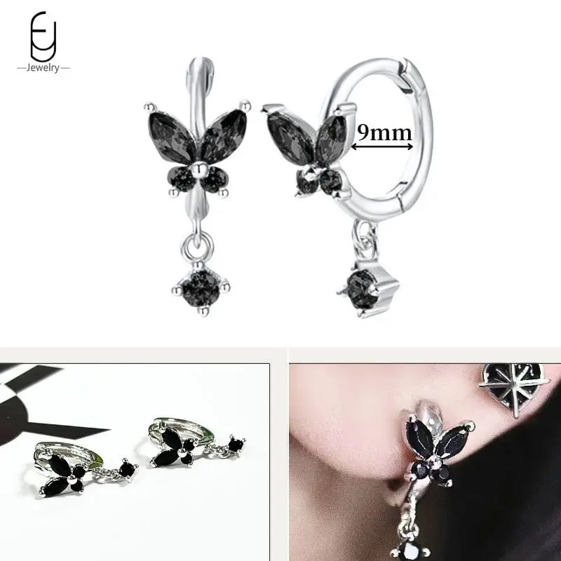 925 Sterling Silver Ear Buckles Fashion Hoop Earrings Black Crystal Pendant Silver Earrings High Quality Women's Jewelry Gifts