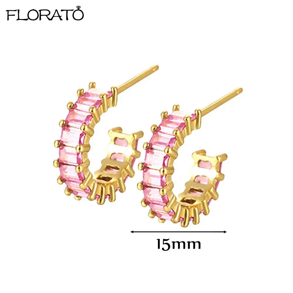 925 Sterling Silver Needle Cute Pink Heart Earrings 18K Gold Hoop Earrings for Women Fashion Puncture Jewelry Ear Accessories