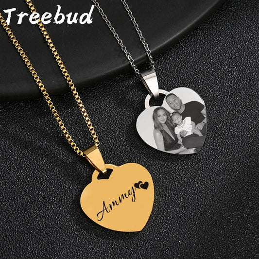 Treebud Custom Photo Name Necklace Stainless Steel For Lovers Family Laser Engraved Heart Pendant Jewelry Gifts