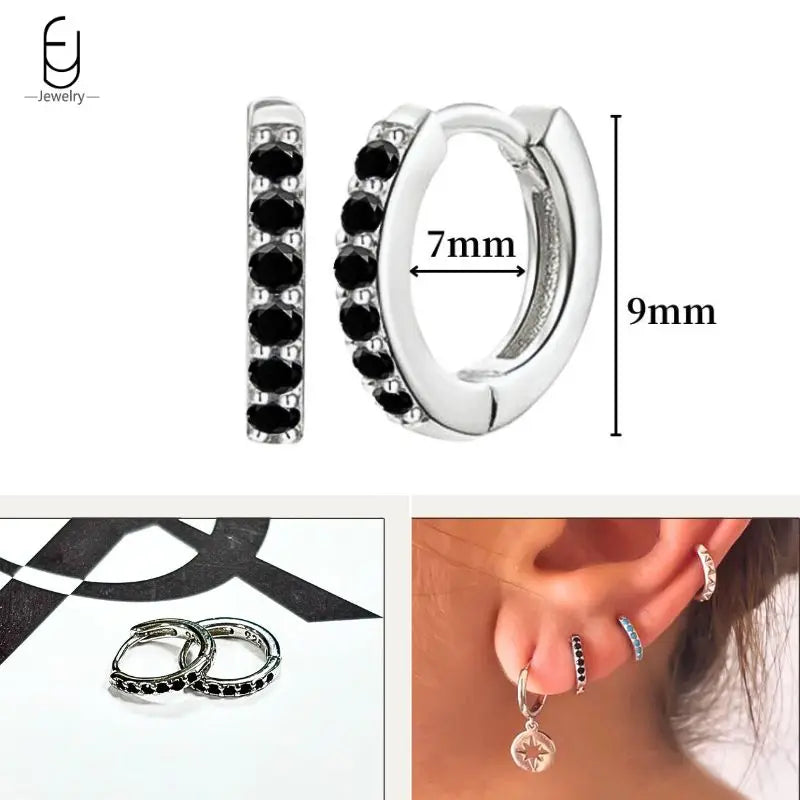 925 Sterling Silver Ear Buckles Fashion Hoop Earrings Black Crystal Pendant Silver Earrings High Quality Women's Jewelry Gifts