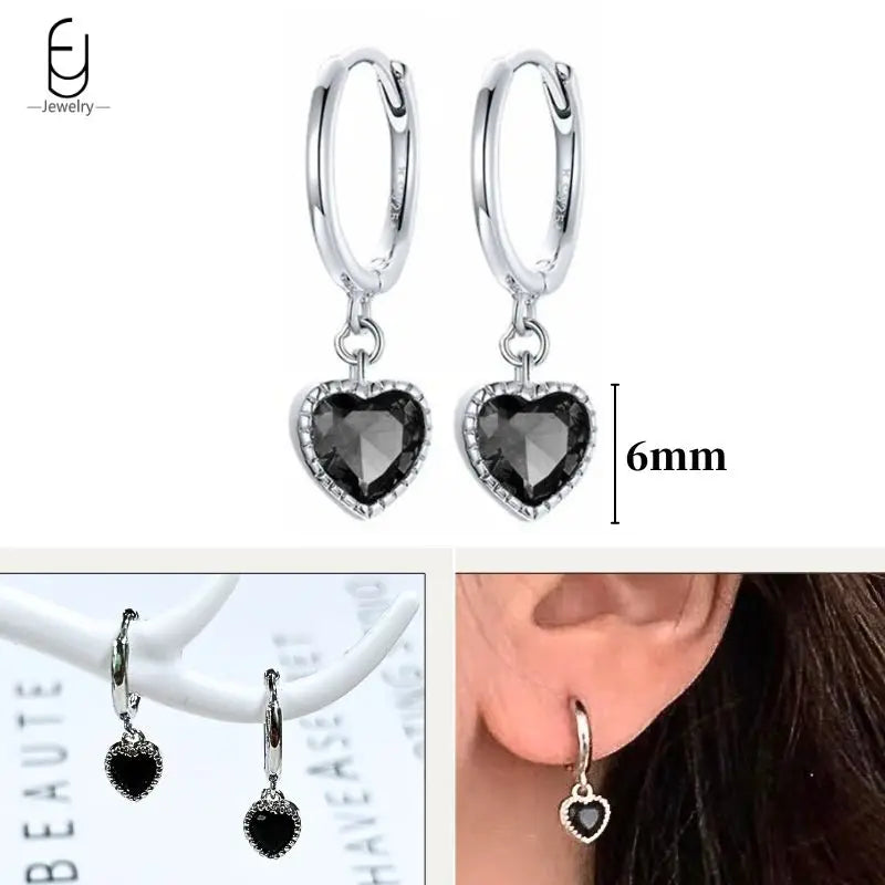 925 Sterling Silver Ear Buckles Fashion Hoop Earrings Black Crystal Pendant Silver Earrings High Quality Women's Jewelry Gifts