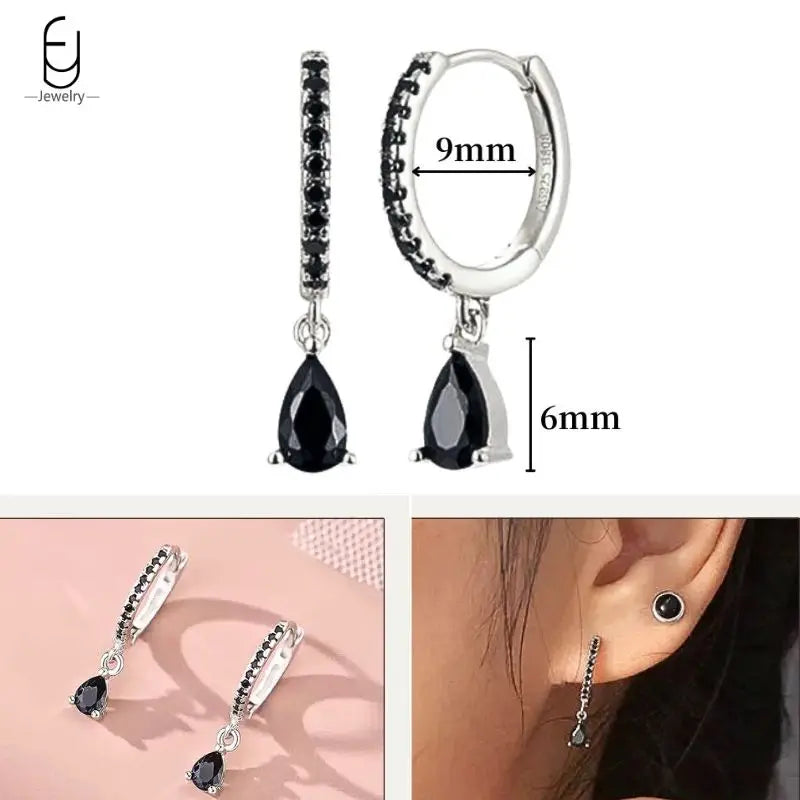 925 Sterling Silver Ear Buckles Fashion Hoop Earrings Black Crystal Pendant Silver Earrings High Quality Women's Jewelry Gifts