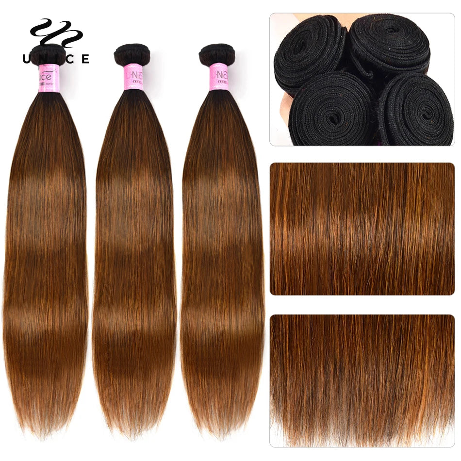 Unice Brown Balayage Straight Human Hair Bundles 3PCS Deal 100% Human Hair Extensions Pre Colored Human Hair Sew In Weaves