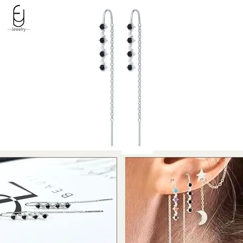 925 Sterling Silver Ear Buckles Fashion Hoop Earrings Black Crystal Pendant Silver Earrings High Quality Women's Jewelry Gifts