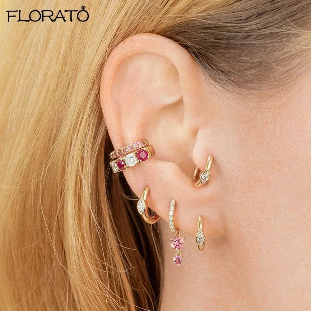 925 Sterling Silver Needle Cute Pink Heart Earrings 18K Gold Hoop Earrings for Women Fashion Puncture Jewelry Ear Accessories