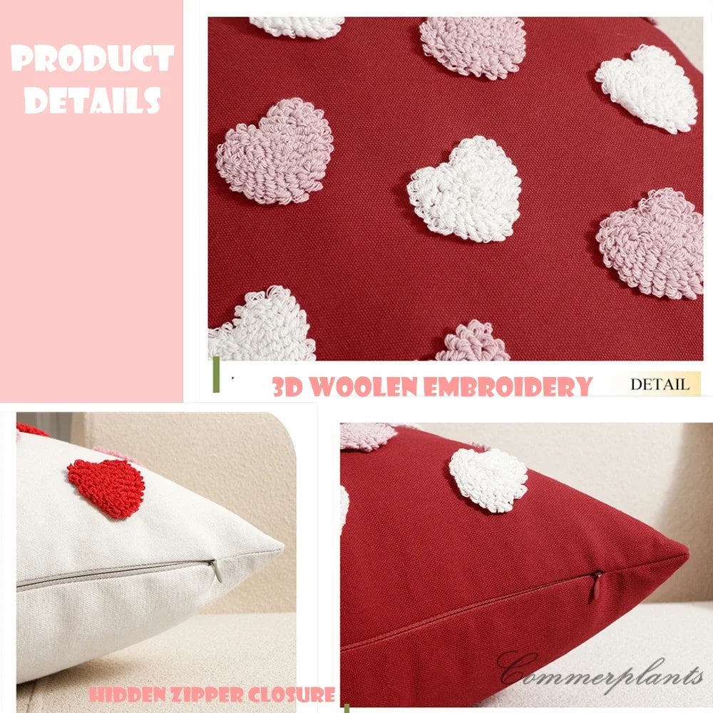 Woolen Embroidery Love Heart Cute Pillows Case Lovers Valentine Red Pink Luxury Plush Tufted Cotton Cushion Covers Couch Pillow