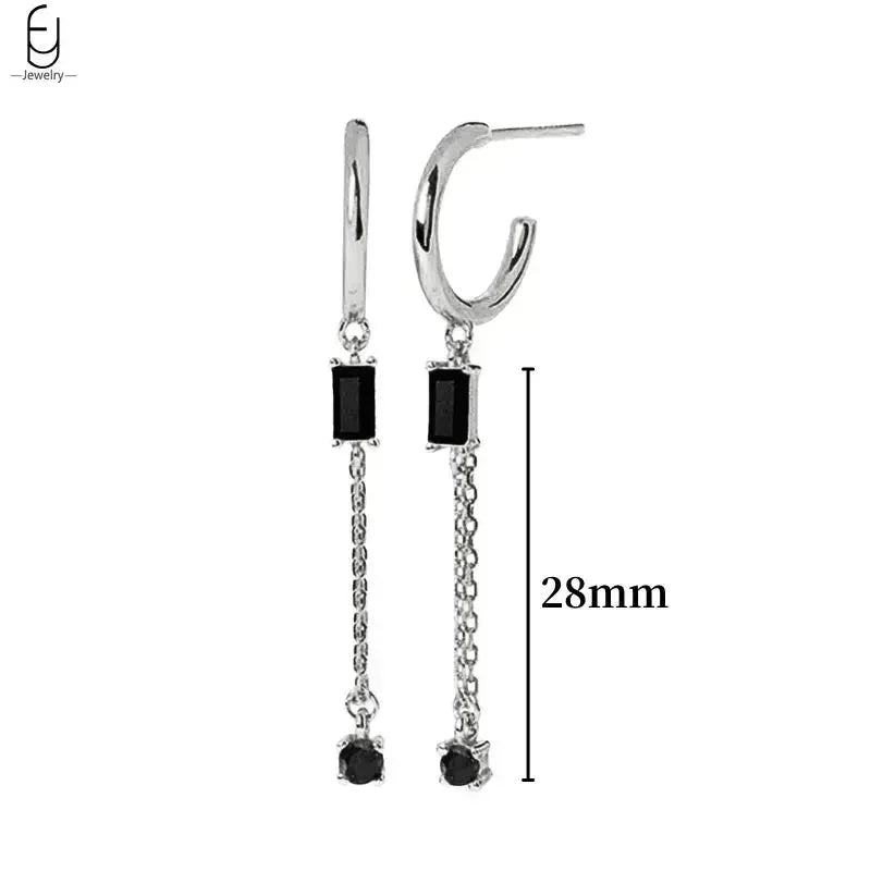 925 Sterling Silver Ear Buckles Fashion Hoop Earrings Black Crystal Pendant Silver Earrings High Quality Women's Jewelry Gifts