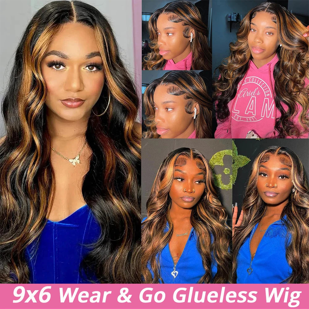 9x6 Wear and Go Glueless Wigs Human Hair Pre Plucked Pre Cut 1B/30 Highlight Ombre Lace Front Wigs Body Wave Human Hair Wigs