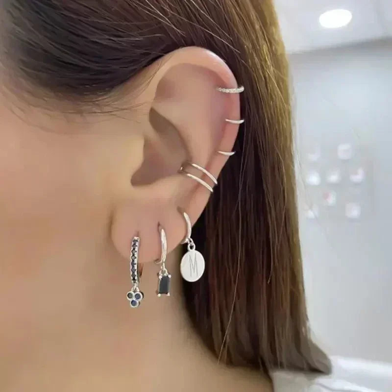 925 Sterling Silver Ear Buckles Fashion Hoop Earrings Black Crystal Pendant Silver Earrings High Quality Women's Jewelry Gifts