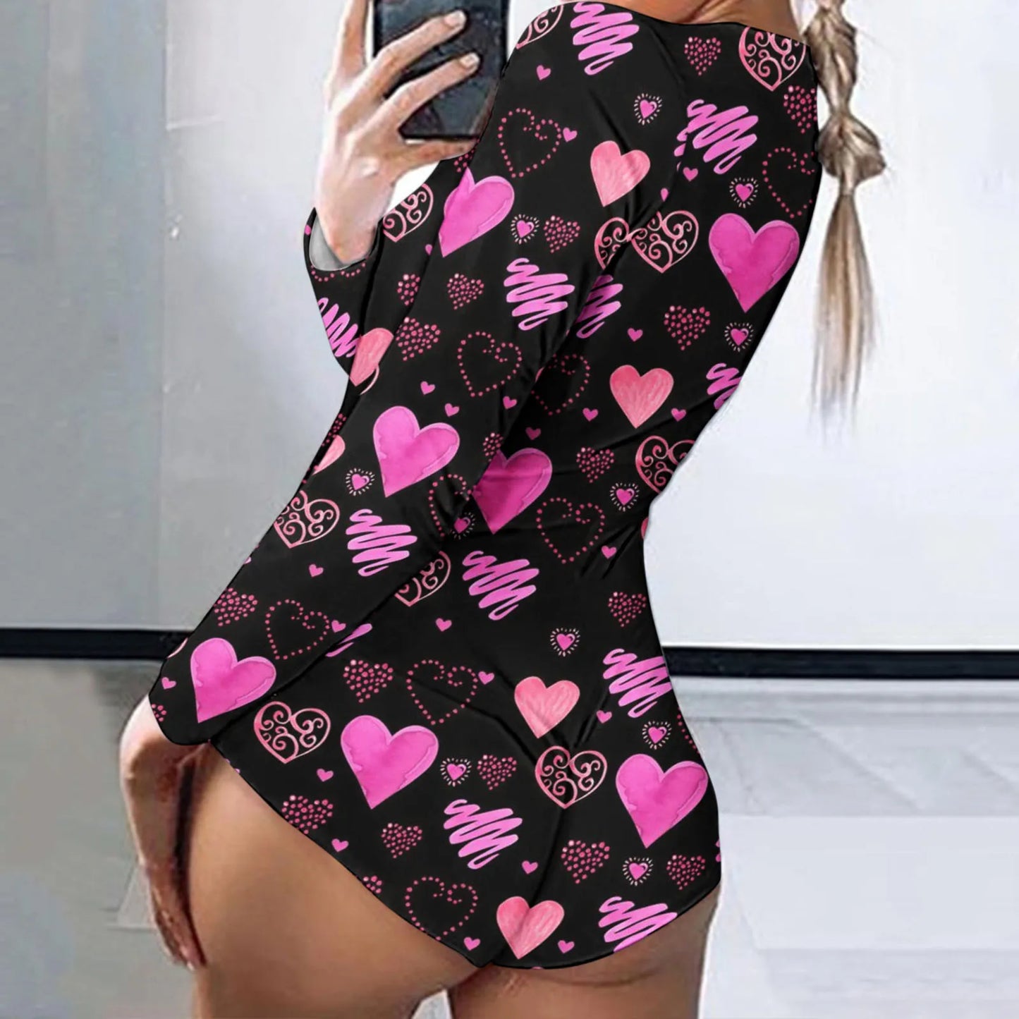 Valentines Day Women Jumpsuit Bodysuit Long Sleeve Love Printed Playsuit Nightwear Romper Print Women's Jumpsuit Onesie Pajamas