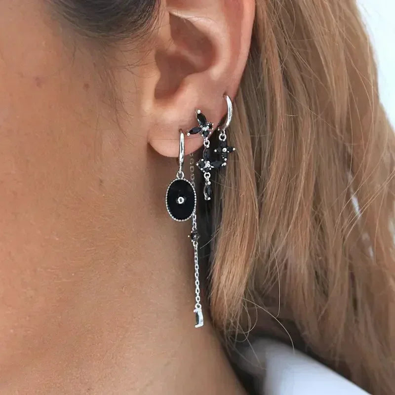 925 Sterling Silver Ear Buckles Fashion Hoop Earrings Black Crystal Pendant Silver Earrings High Quality Women's Jewelry Gifts