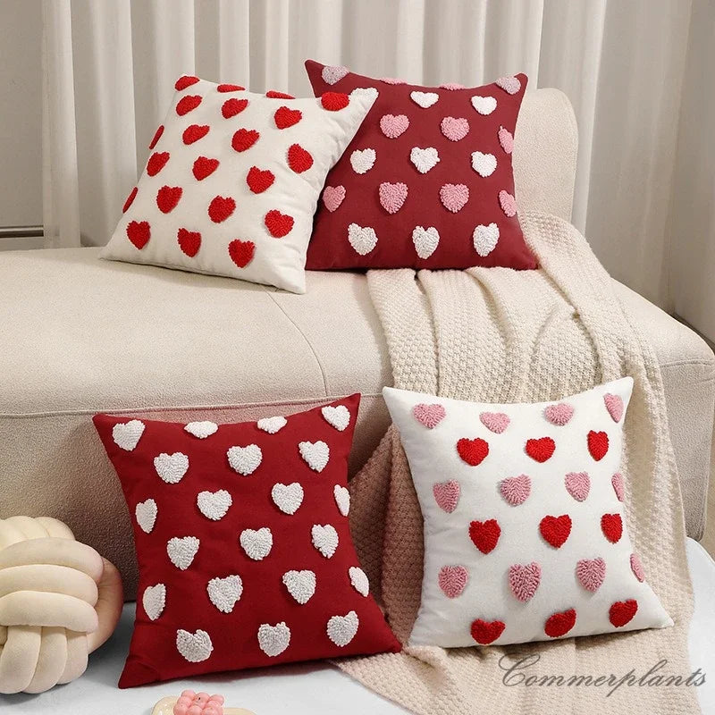 Woolen Embroidery Love Heart Cute Pillows Case Lovers Valentine Red Pink Luxury Plush Tufted Cotton Cushion Covers Couch Pillow