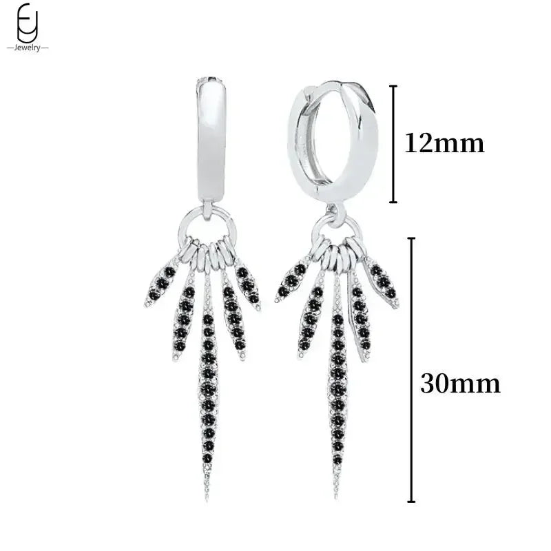 925 Sterling Silver Ear Buckles Fashion Hoop Earrings Black Crystal Pendant Silver Earrings High Quality Women's Jewelry Gifts