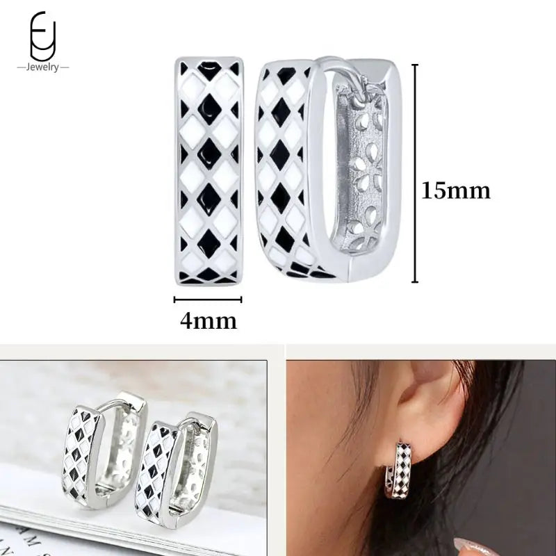 925 Sterling Silver Ear Buckles Fashion Hoop Earrings Black Crystal Pendant Silver Earrings High Quality Women's Jewelry Gifts