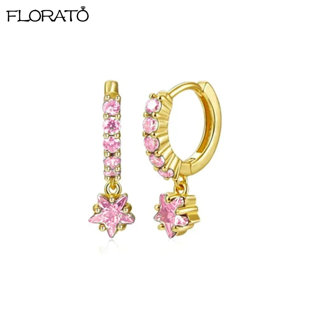 925 Sterling Silver Needle Cute Pink Heart Earrings 18K Gold Hoop Earrings for Women Fashion Puncture Jewelry Ear Accessories