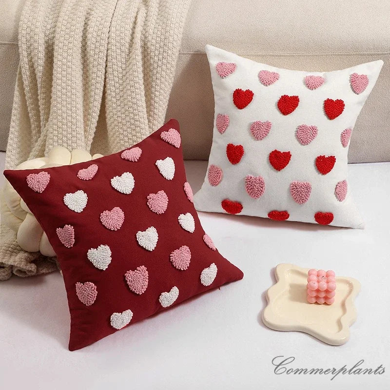 Woolen Embroidery Love Heart Cute Pillows Case Lovers Valentine Red Pink Luxury Plush Tufted Cotton Cushion Covers Couch Pillow