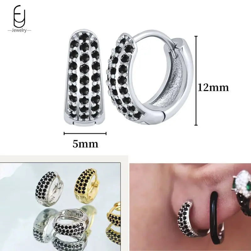 925 Sterling Silver Ear Buckles Fashion Hoop Earrings Black Crystal Pendant Silver Earrings High Quality Women's Jewelry Gifts