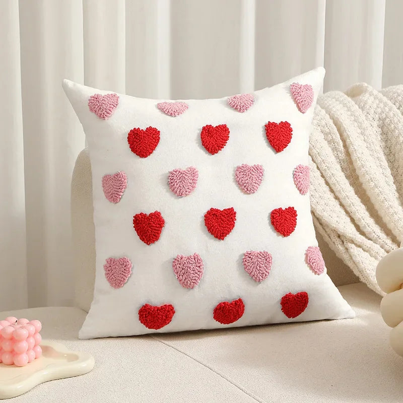 Woolen Embroidery Love Heart Cute Pillows Case Lovers Valentine Red Pink Luxury Plush Tufted Cotton Cushion Covers Couch Pillow