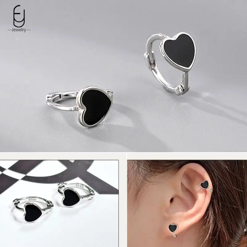 925 Sterling Silver Ear Buckles Fashion Hoop Earrings Black Crystal Pendant Silver Earrings High Quality Women's Jewelry Gifts