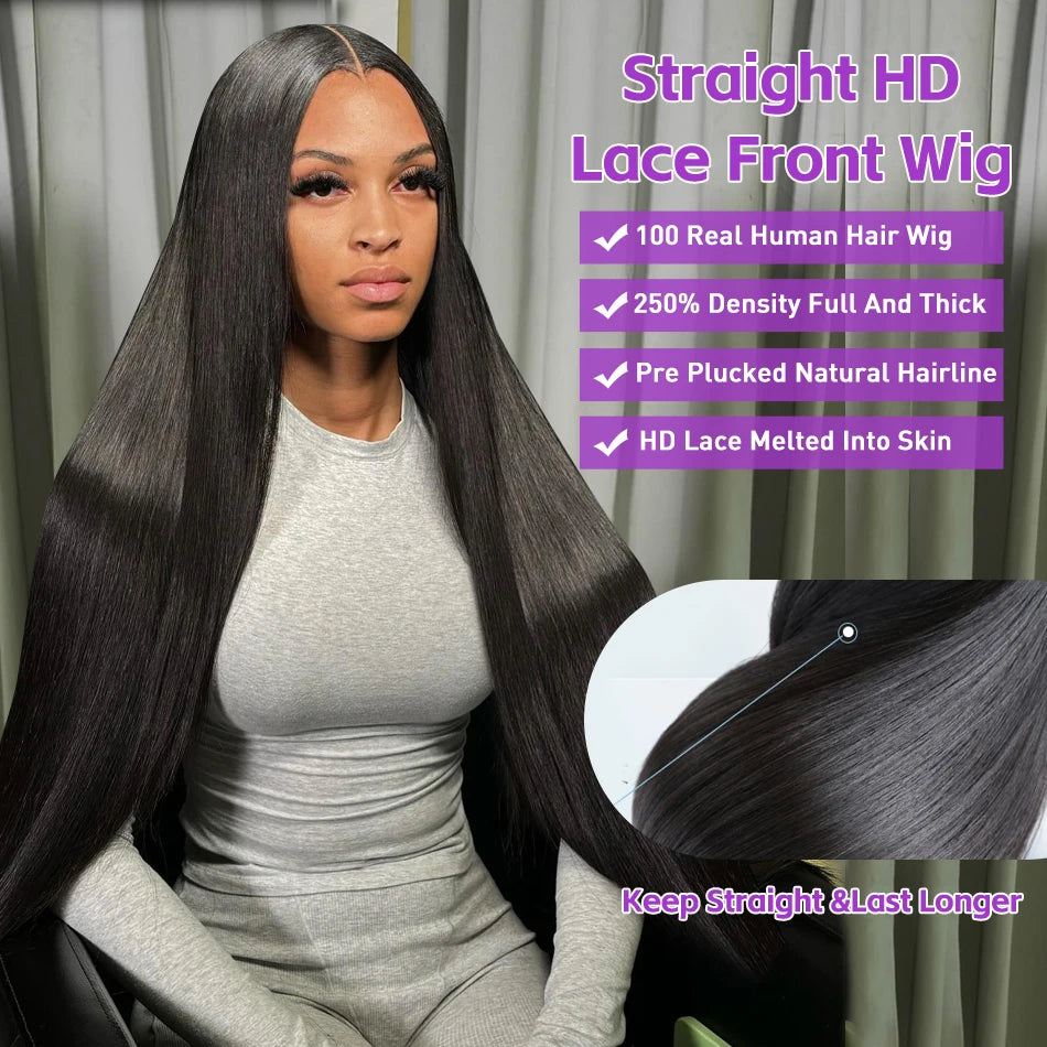 30 40 Inch Bone Straight 13x6 13x7 Transparent Lace Front Wig 250 Density 13x4 HD Lace Frontal Wigs Human Hair 6x6 CLosure Wig