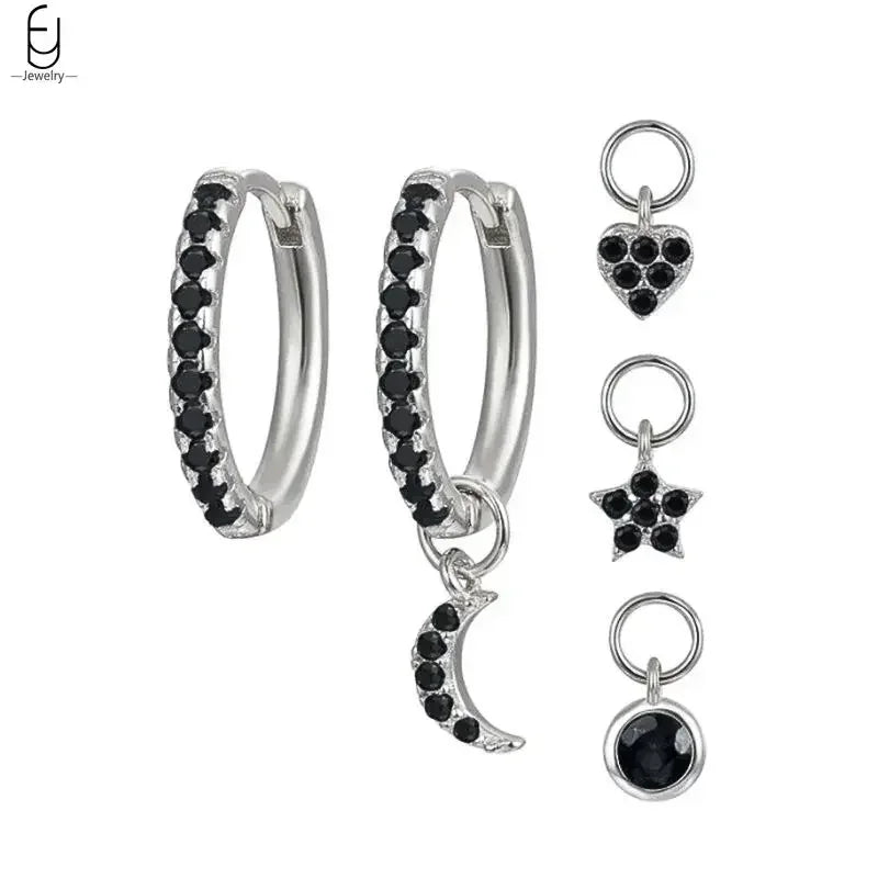 925 Sterling Silver Ear Buckles Fashion Hoop Earrings Black Crystal Pendant Silver Earrings High Quality Women's Jewelry Gifts