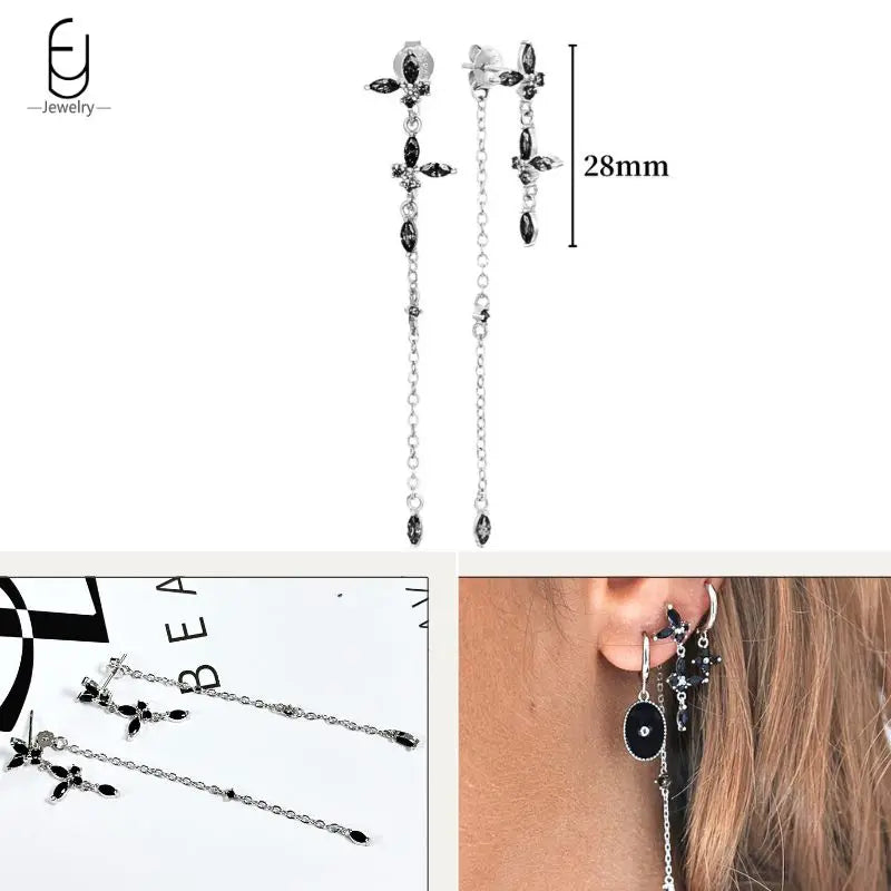 925 Sterling Silver Ear Buckles Fashion Hoop Earrings Black Crystal Pendant Silver Earrings High Quality Women's Jewelry Gifts