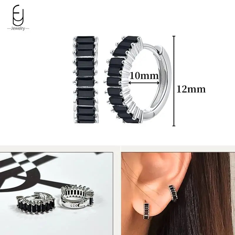 925 Sterling Silver Ear Buckles Fashion Hoop Earrings Black Crystal Pendant Silver Earrings High Quality Women's Jewelry Gifts