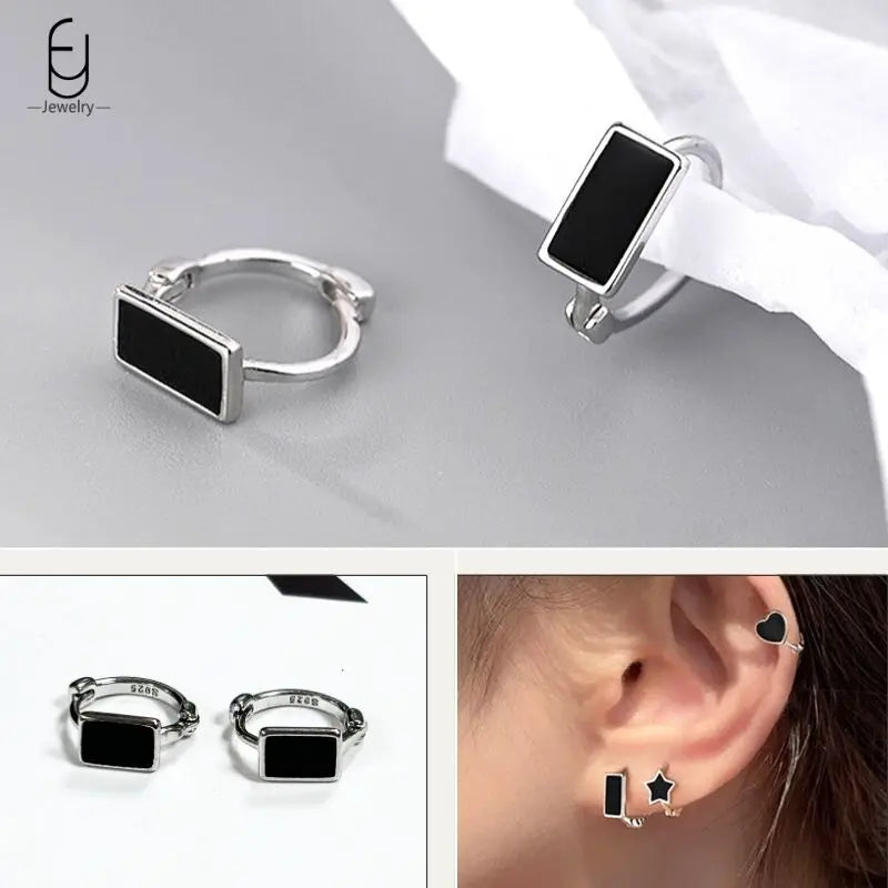 925 Sterling Silver Ear Buckles Fashion Hoop Earrings Black Crystal Pendant Silver Earrings High Quality Women's Jewelry Gifts