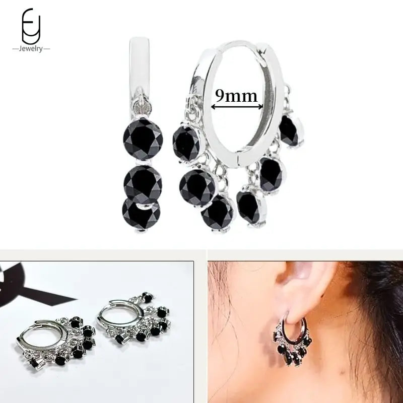 925 Sterling Silver Ear Buckles Fashion Hoop Earrings Black Crystal Pendant Silver Earrings High Quality Women's Jewelry Gifts