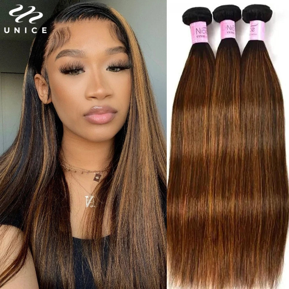 Unice Brown Balayage Straight Human Hair Bundles 3PCS Deal 100% Human Hair Extensions Pre Colored Human Hair Sew In Weaves