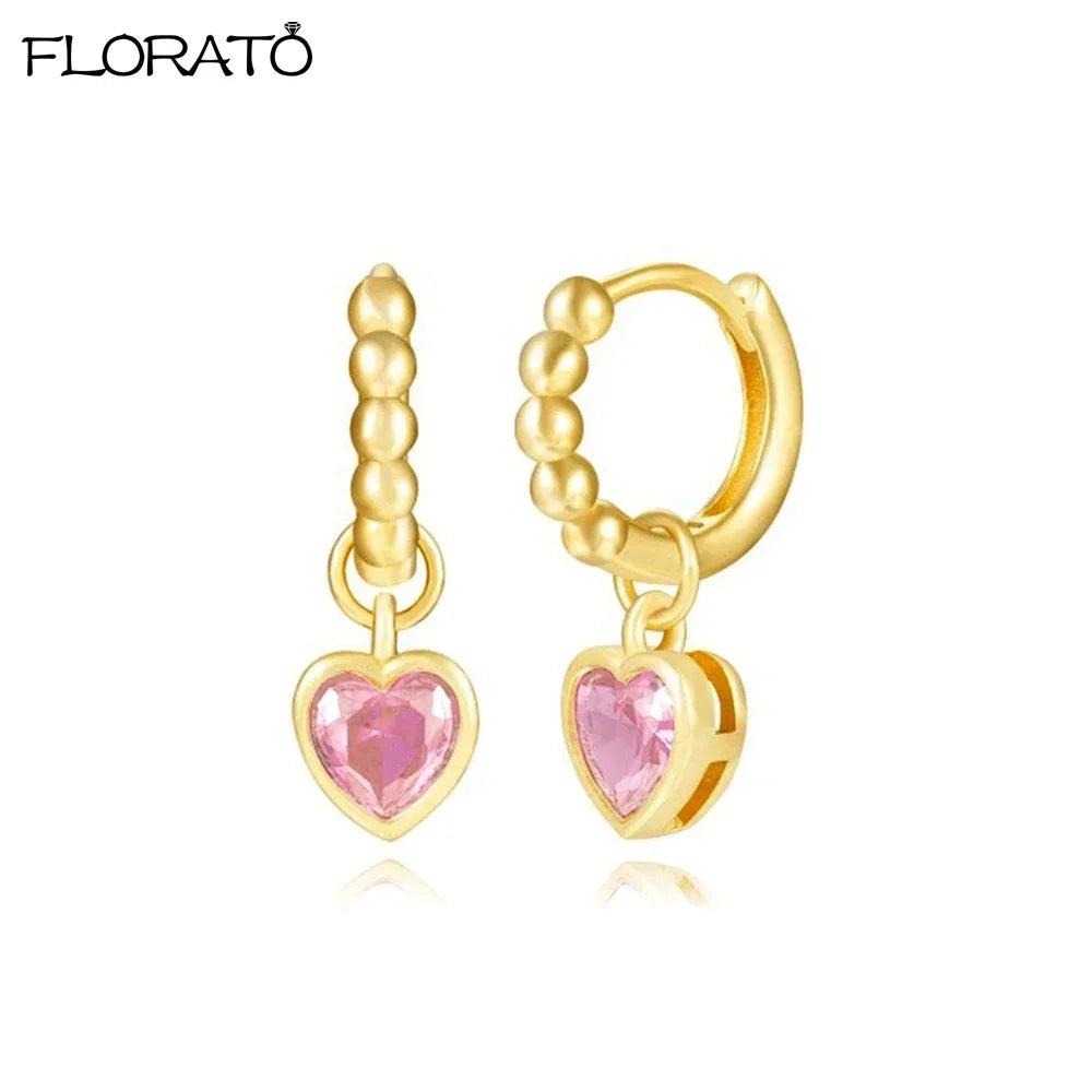 925 Sterling Silver Needle Cute Pink Heart Earrings 18K Gold Hoop Earrings for Women Fashion Puncture Jewelry Ear Accessories