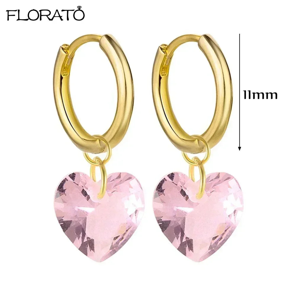 925 Sterling Silver Needle Cute Pink Heart Earrings 18K Gold Hoop Earrings for Women Fashion Puncture Jewelry Ear Accessories