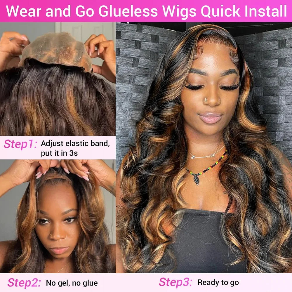 9x6 Wear and Go Glueless Wigs Human Hair Pre Plucked Pre Cut 1B/30 Highlight Ombre Lace Front Wigs Body Wave Human Hair Wigs