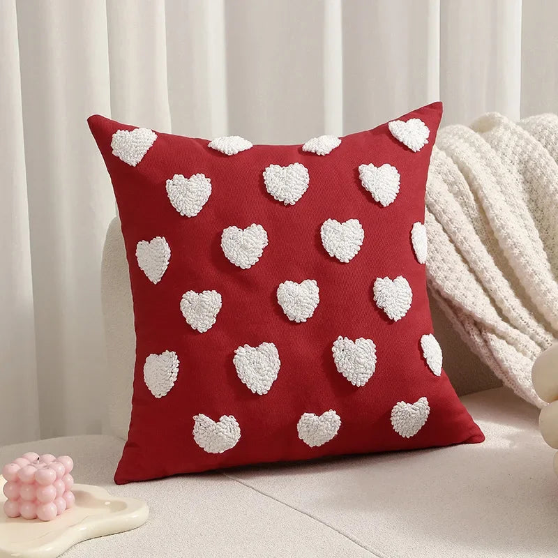 Woolen Embroidery Love Heart Cute Pillows Case Lovers Valentine Red Pink Luxury Plush Tufted Cotton Cushion Covers Couch Pillow