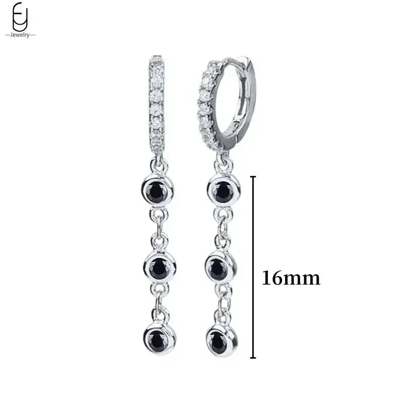 925 Sterling Silver Ear Buckles Fashion Hoop Earrings Black Crystal Pendant Silver Earrings High Quality Women's Jewelry Gifts