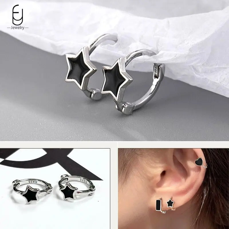 925 Sterling Silver Ear Buckles Fashion Hoop Earrings Black Crystal Pendant Silver Earrings High Quality Women's Jewelry Gifts