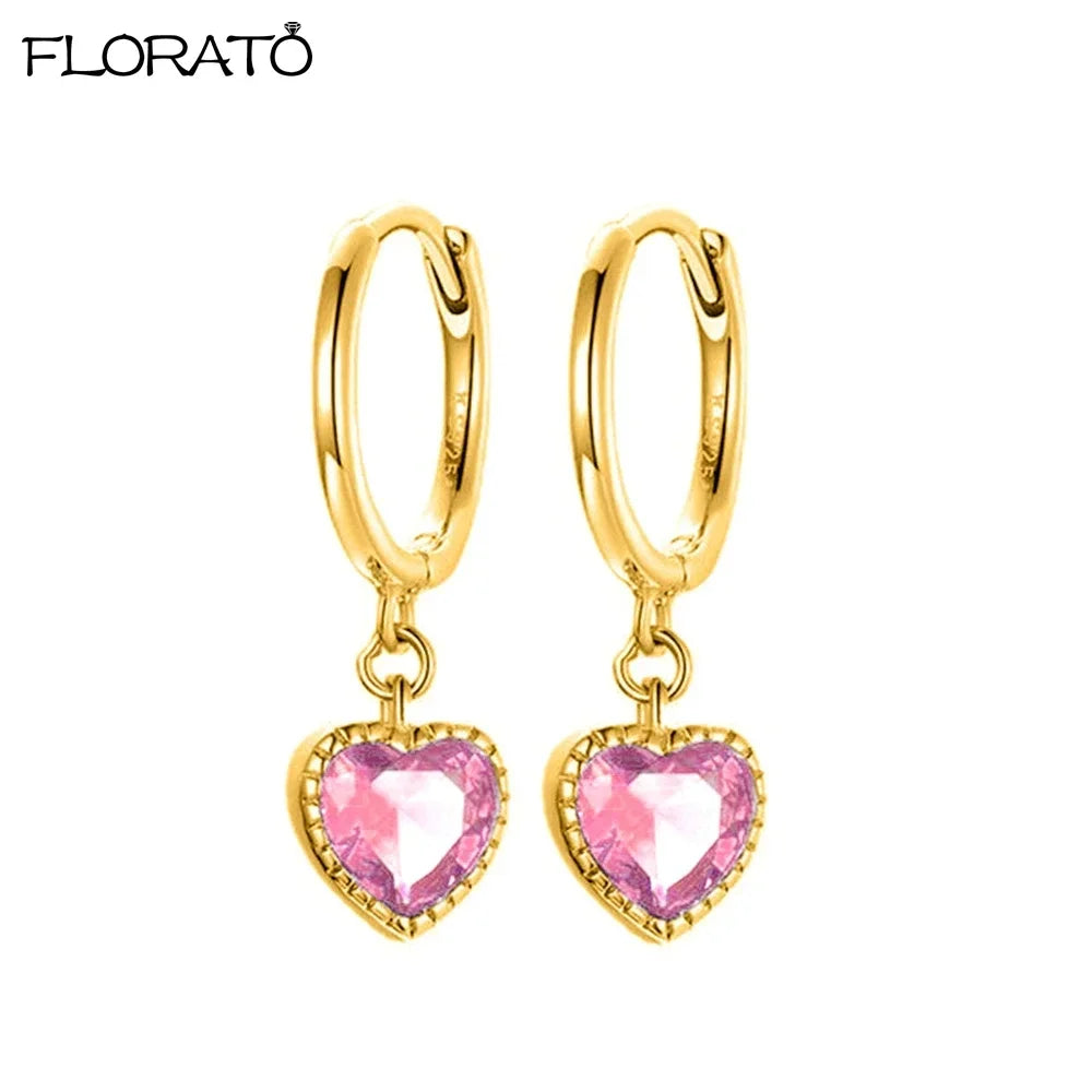 925 Sterling Silver Needle Cute Pink Heart Earrings 18K Gold Hoop Earrings for Women Fashion Puncture Jewelry Ear Accessories